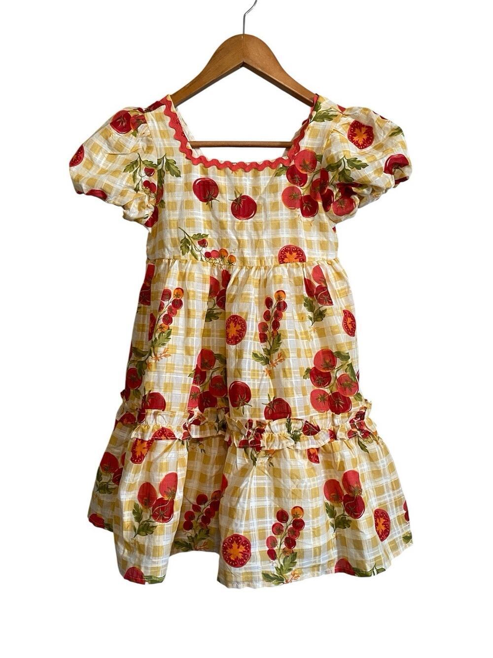 Cynthia Rowley Girls Tomato Print Gingham Dress Size 7 Short Puff Sleeves NWT